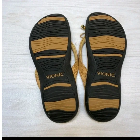 Vionic Bella Cork Bow Flip Flop9 Sandals Tan Gold Orthotic Thong Womens 8.5 Wide - Picture 7 of 7